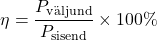 \[\eta = \frac{P_{\text{väljund}}}{P_{\text{sisend}}} \times 100\%\]