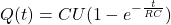 \[Q(t) = C U (1 - e^{-\frac{t}{RC}})\]